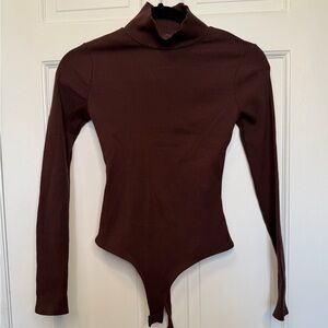 Lulus Ribbed Turtleneck Bodysuit Brown Long Sleeve Fitted Top Size XS